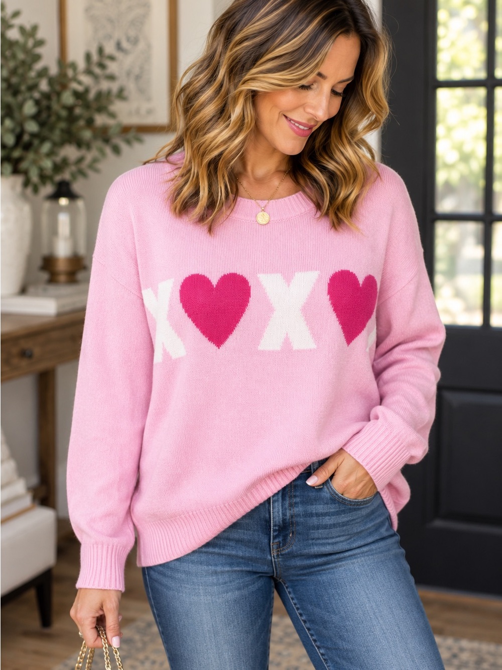 Cozy Pink Heart XOX Crewneck Sweater